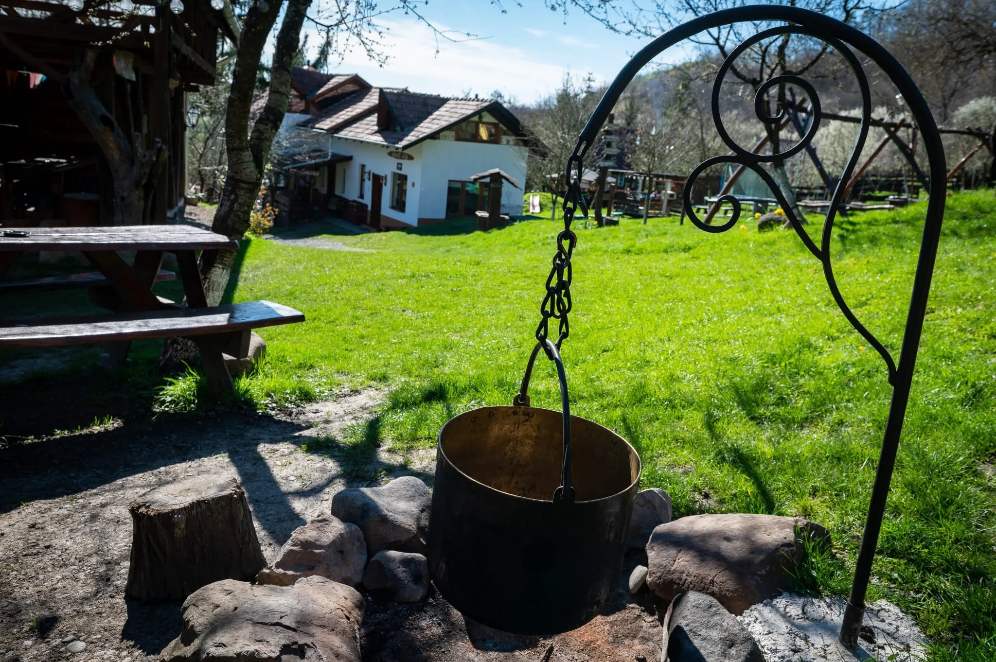 Outdoor cauldron and firepit on the lawn
