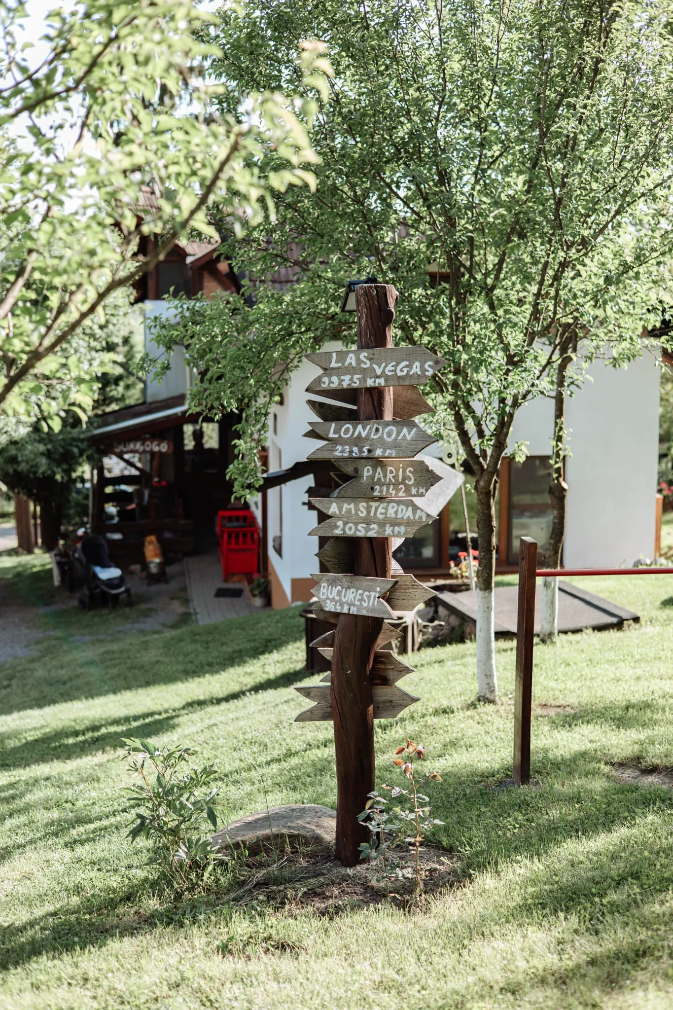 Decorative wooden signpost with distances to far-off cities