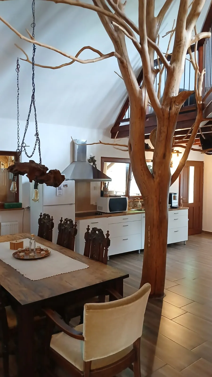 Living room with an old tree growing up through the floor